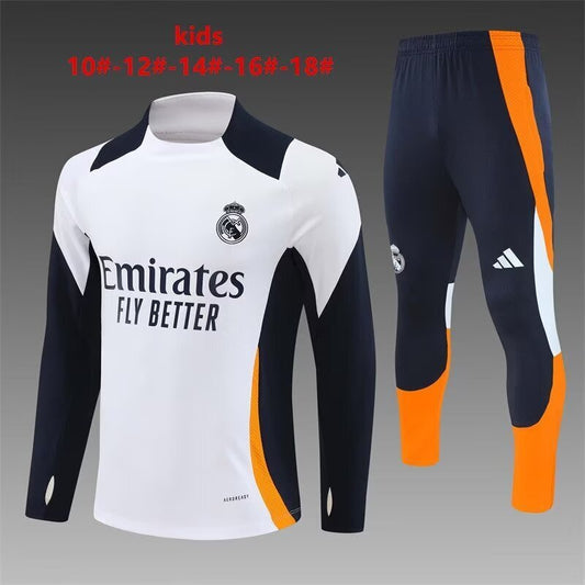 Real Madrid Kids Training Suit – White, Black & Orange Edition